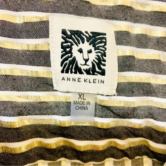 Anne Klein Metallic Gold Gray Striped Zip Front Blouse 3/4 Sleeve Top - XL - Picture 4 of 9